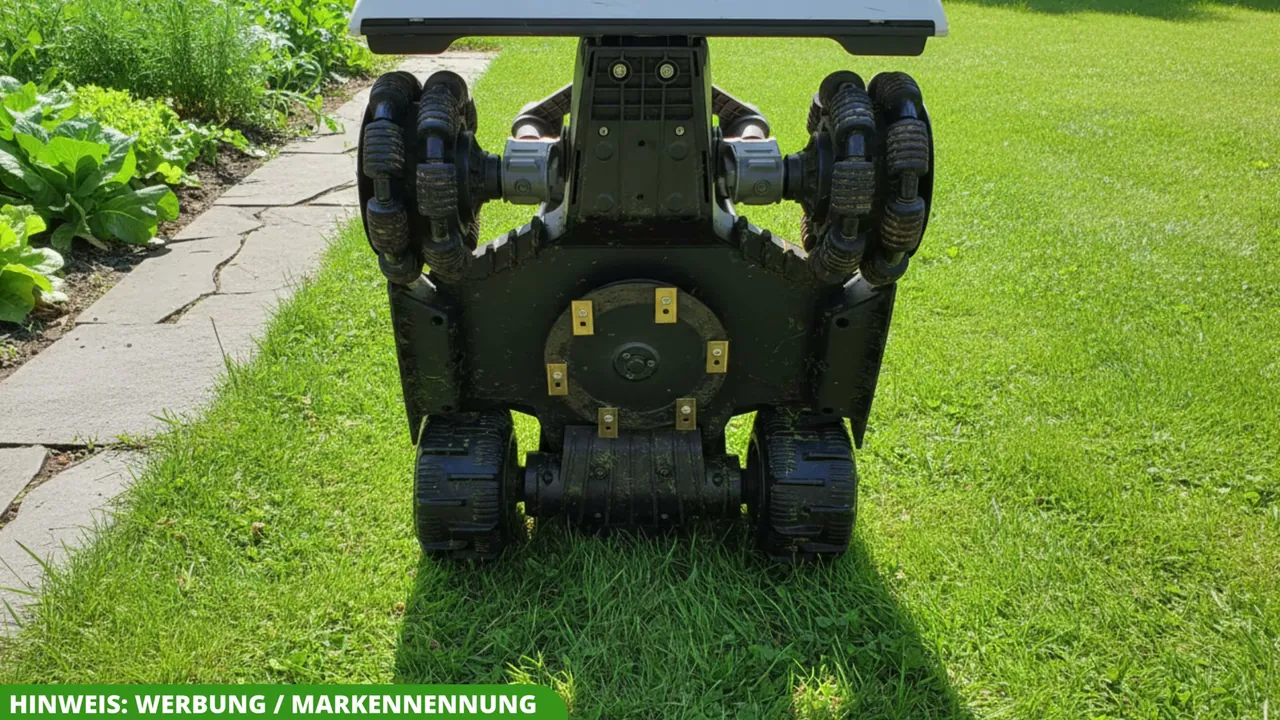 An der Unterseite sorgt die rotierende Mähscheibe mit scharfen Klingen für eine Schnittbreite von 20 Zentimetern.