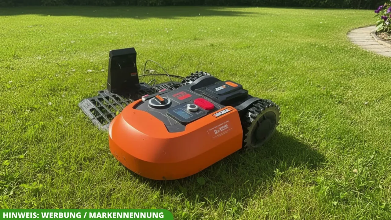 Der Mähroboter zieht seine Bahnen auf der Rasenfläche und kehrt eigenständig zur Ladestation zurück.